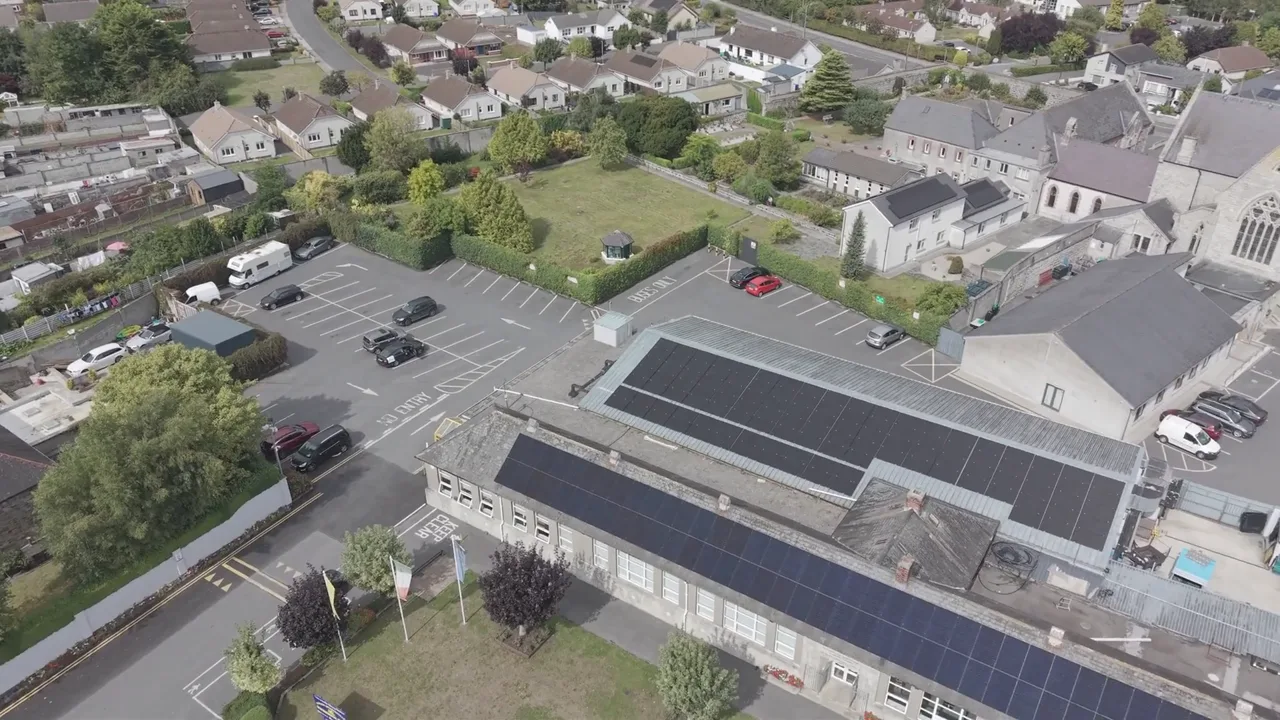 Solar panels across the roofs of Carlow Swimming Pool.