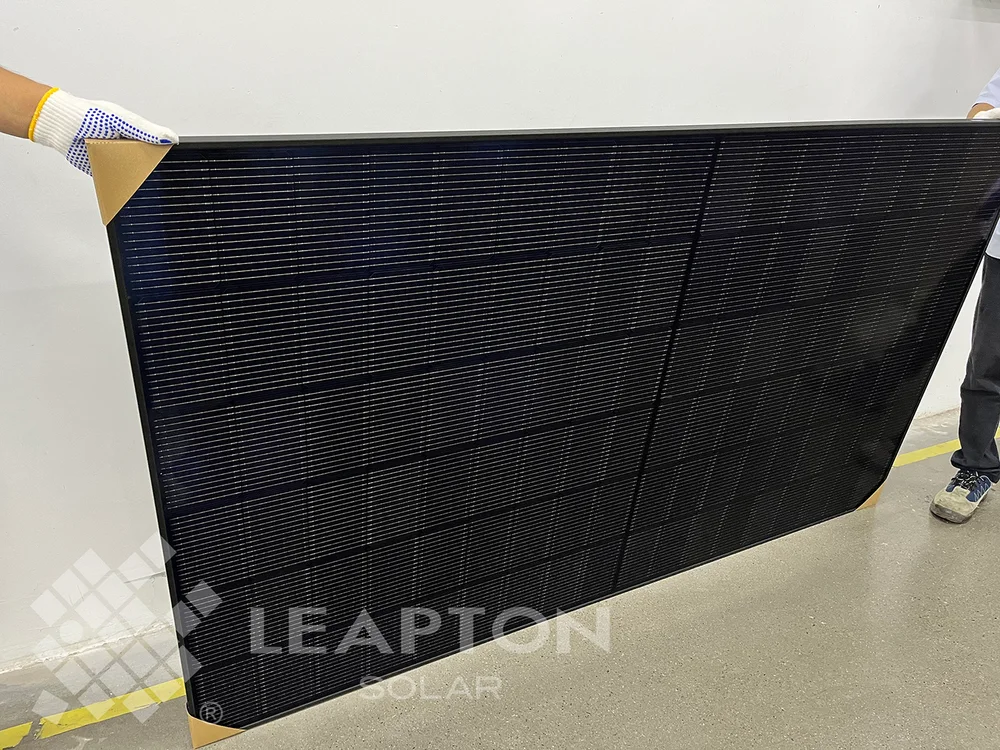 Full black Leapton solar panel in a manufacturer photograph